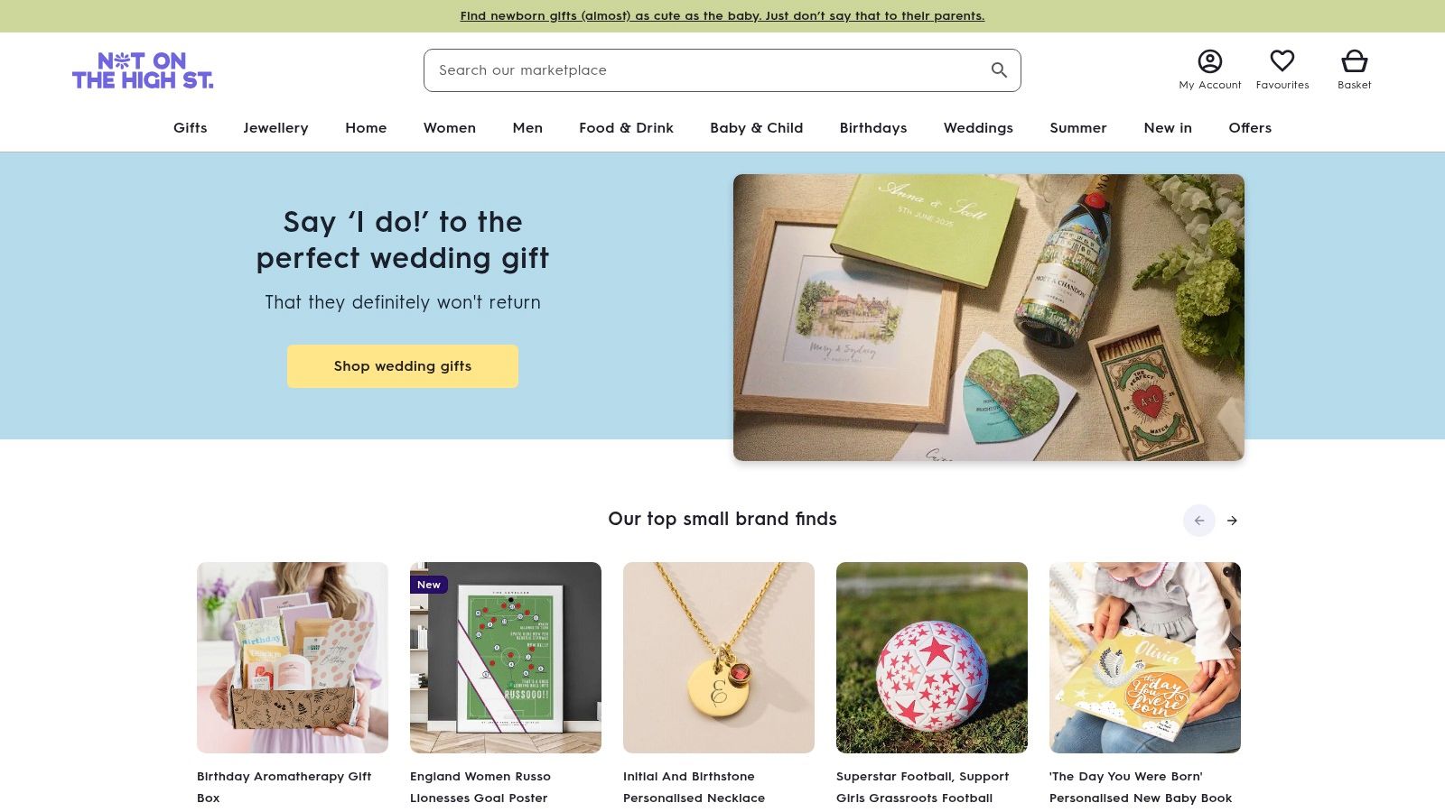 A screenshot of the Not On The High Street website homepage, showing a variety of gift ideas and product categories.
