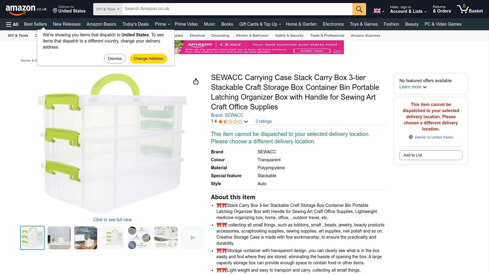 Amazon UK Sewing Organiser Box