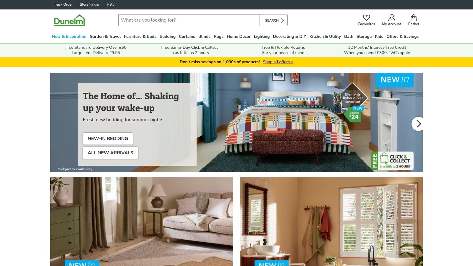 A screenshot of the Dunelm website homepage, showcasing its logo and a navigation bar with categories like 'Shop by Product' and 'Shop by Room'.