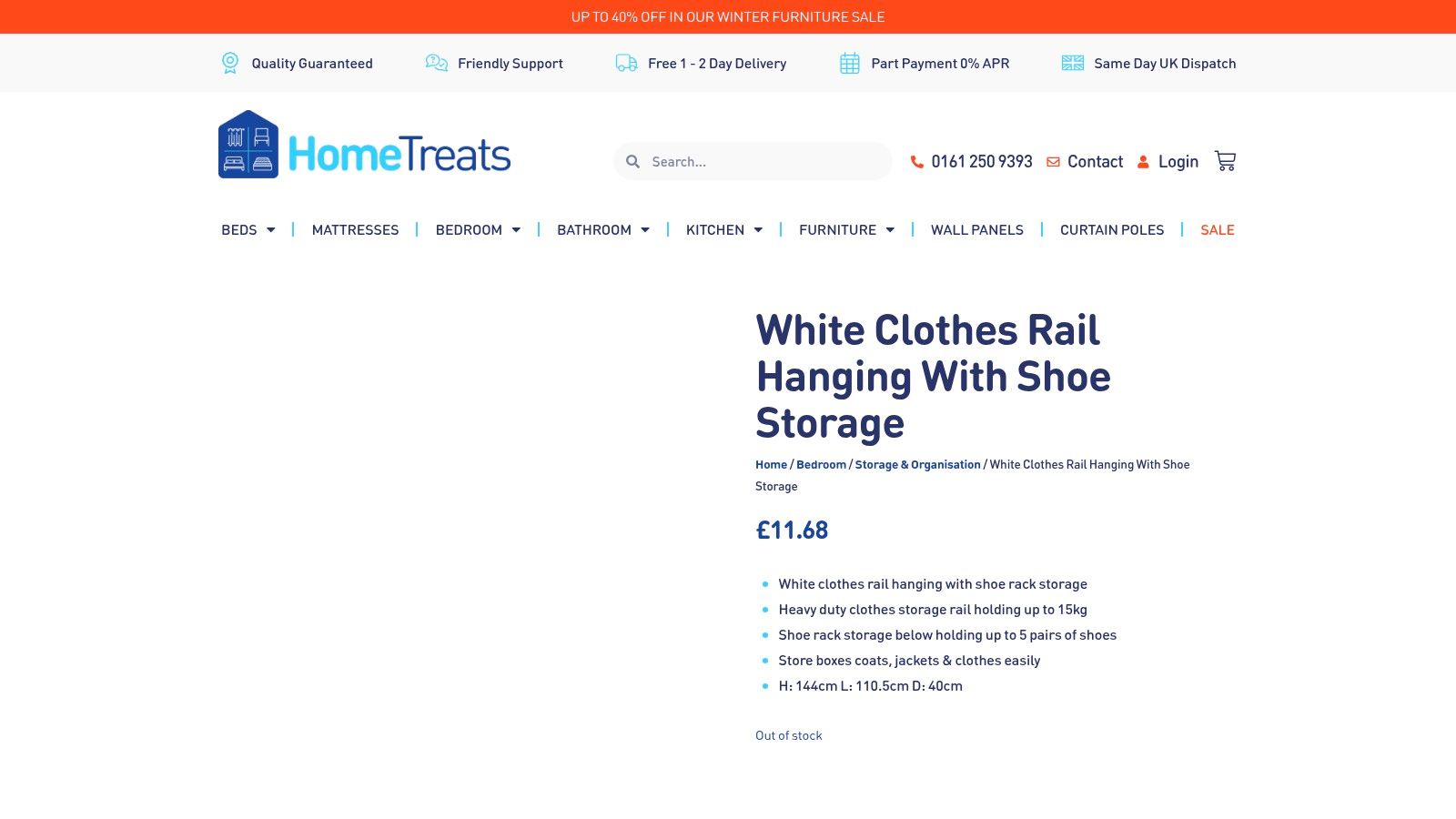 Home Treats UK compact white clothes rail with an integrated shoe rack at the base.