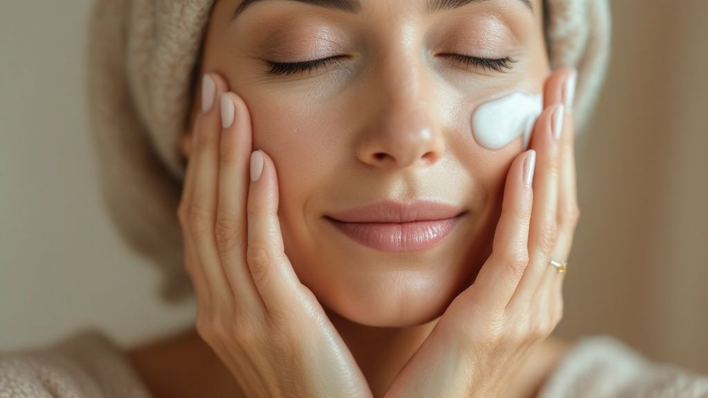 Kobieta po 50-tce aplikująca krem na twarz przed wykonaniem makijażu