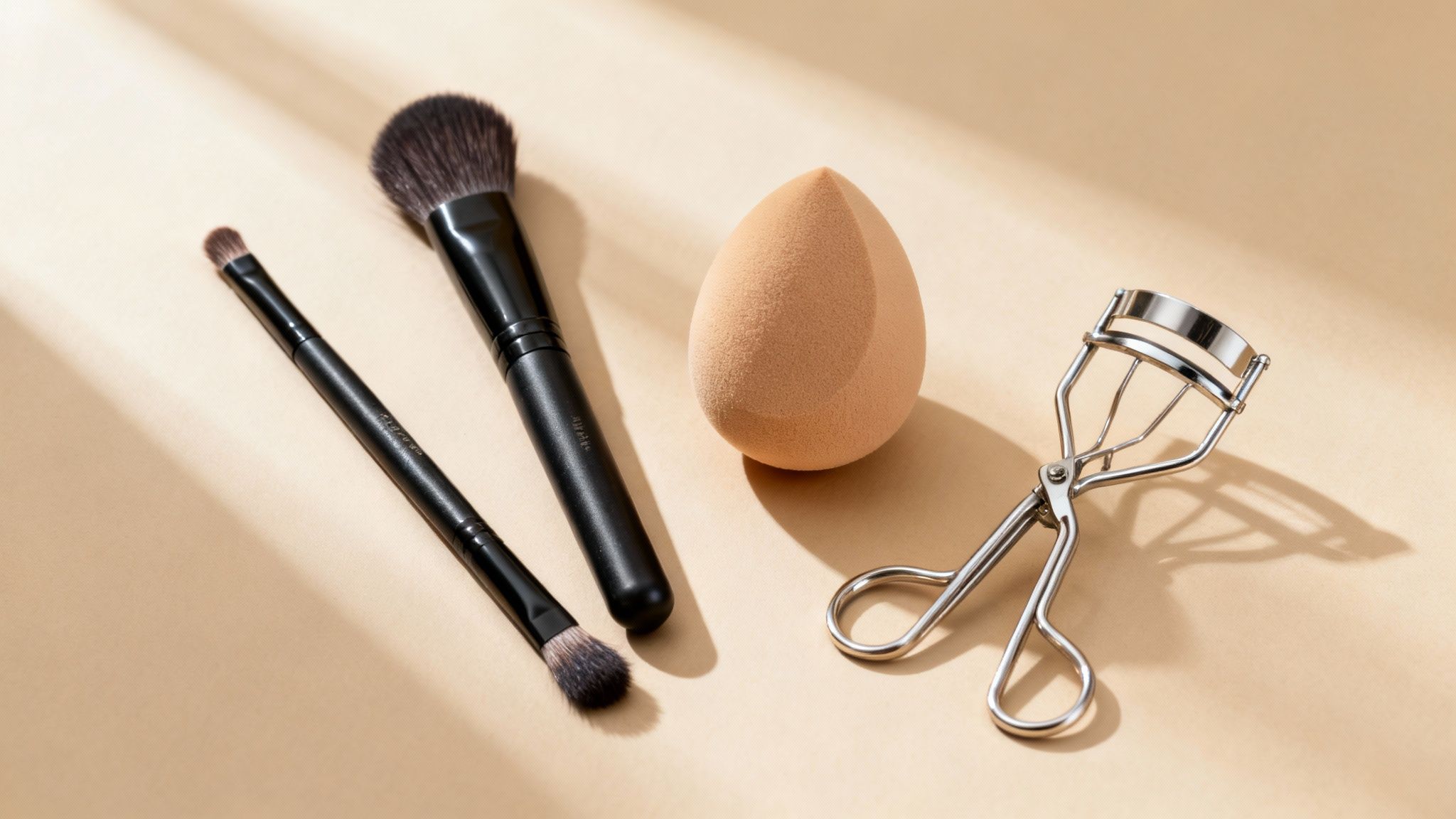 Zestaw pędzli do makijażu i gąbeczka na jasnym tle