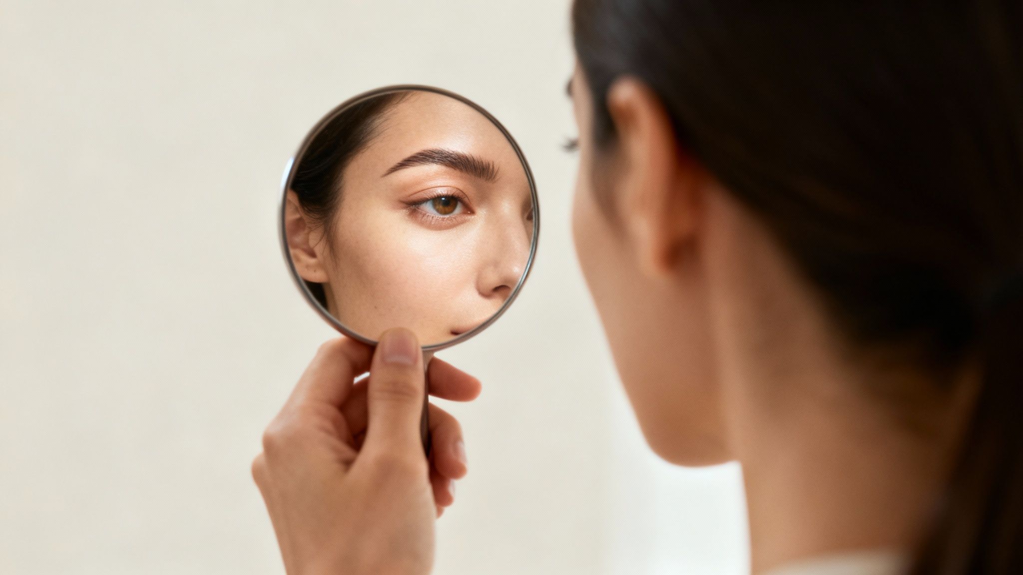 Kobieta dotykająca okolicy oka i sprawdzająca kształt oczodołu