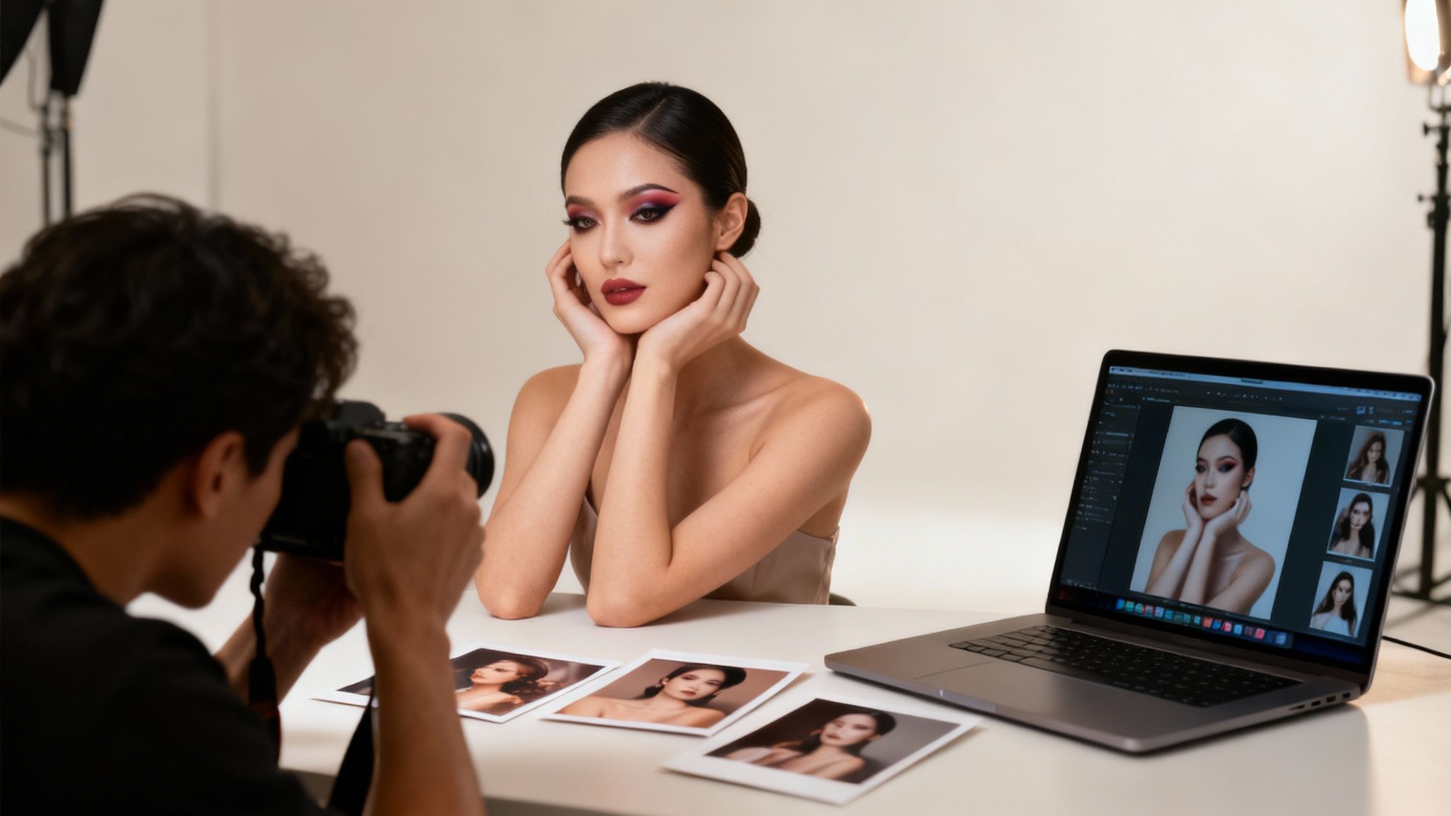 Wizażystka robiąca zdjęcie wykonanego przez siebie makijażu smartfonem.