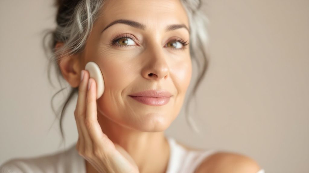 Kobieta po 50-tce z paletą podkładów, dobierająca idealny odcień