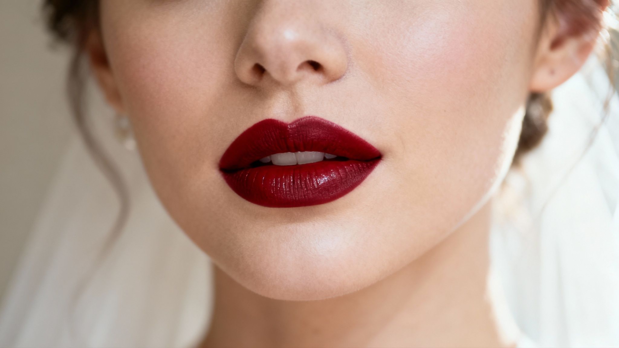 Kobieta z perfekcyjnie pomalowanymi ustami w mocnym makijażu ślubnym