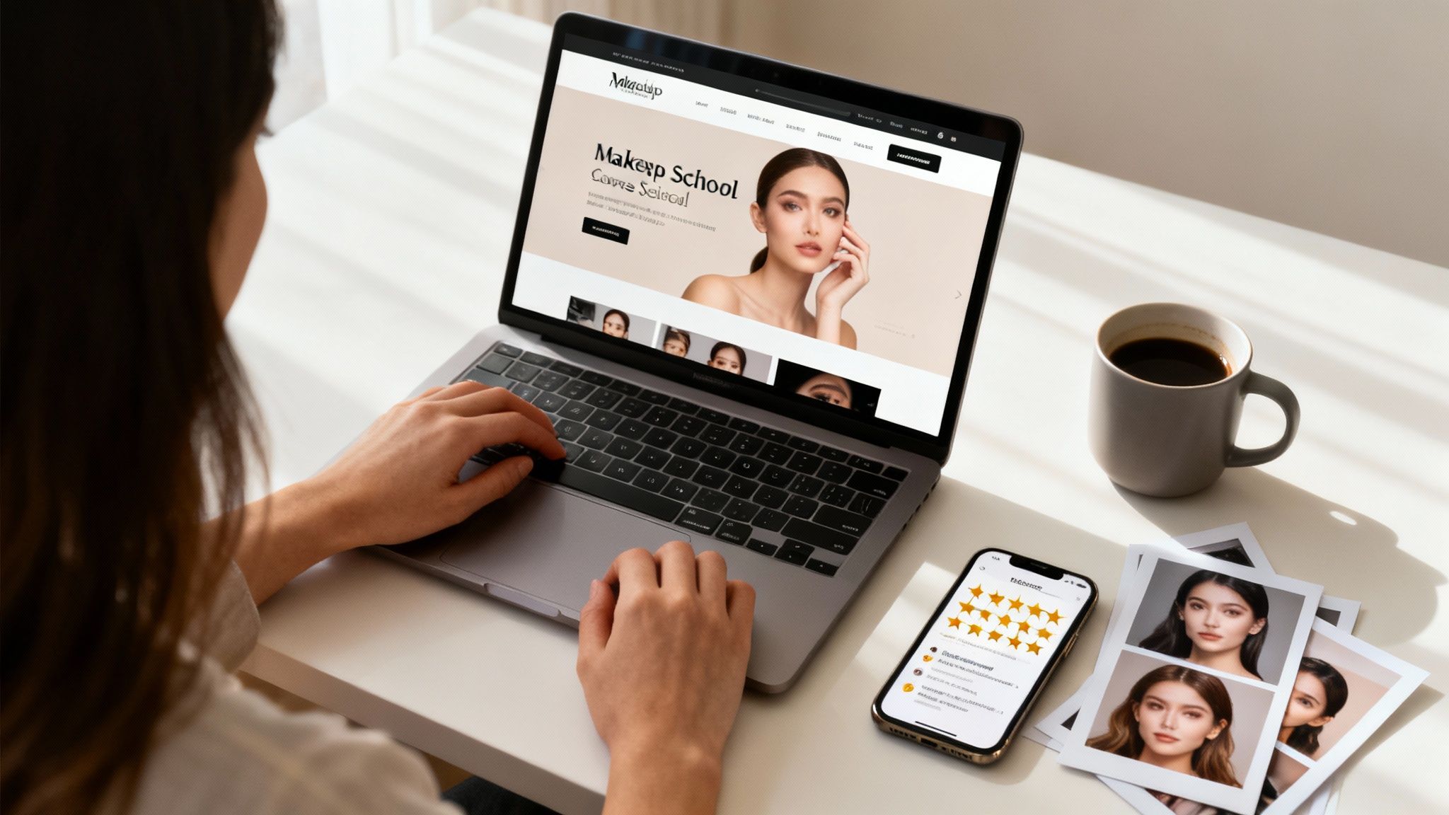 Kursantka ćwiczy makijaż na modelce w profesjonalnym studiu we Wrocławiu