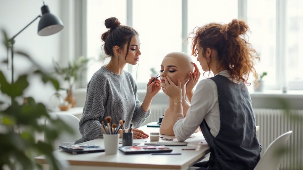 Kobieta wykonująca makijaż innej kobricie