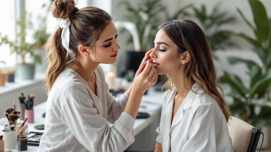 Wizażystka malująca klientkę w profesjonalnym studio