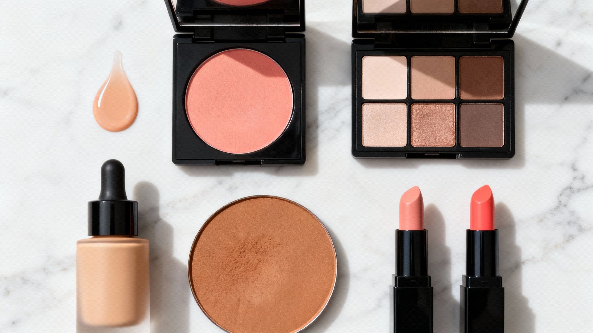 Palety cieni do powiek i inne kosmetyki kolorowe rozłożone na stole