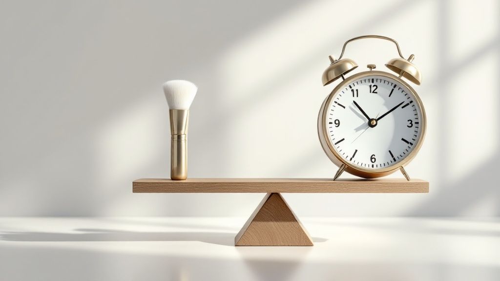 Wizażystka przygotowująca stanowisko pracy w miejskim studio