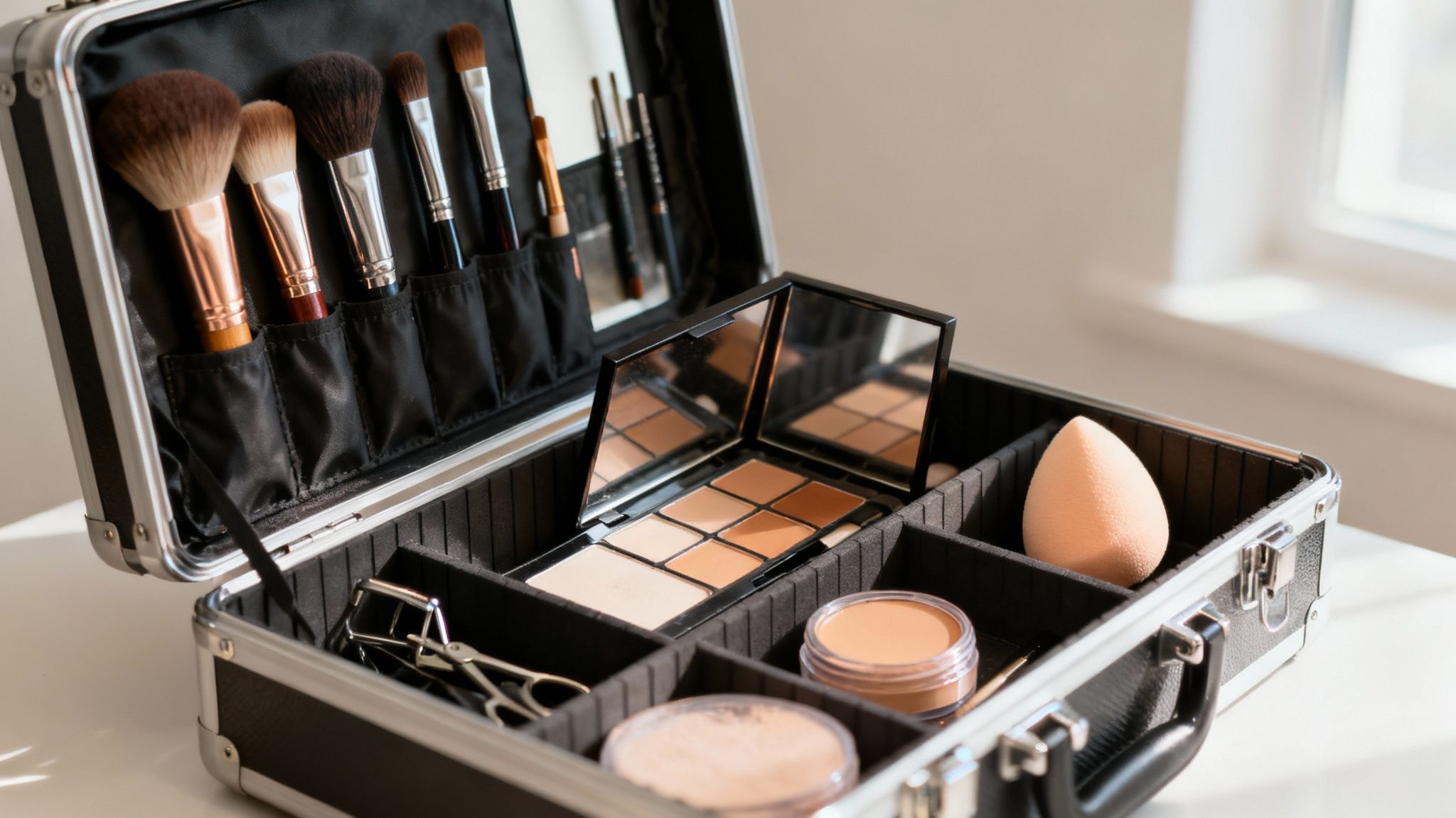 Profesjonalny kufer wizażysty wypełniony kosmetykami i pędzlami.