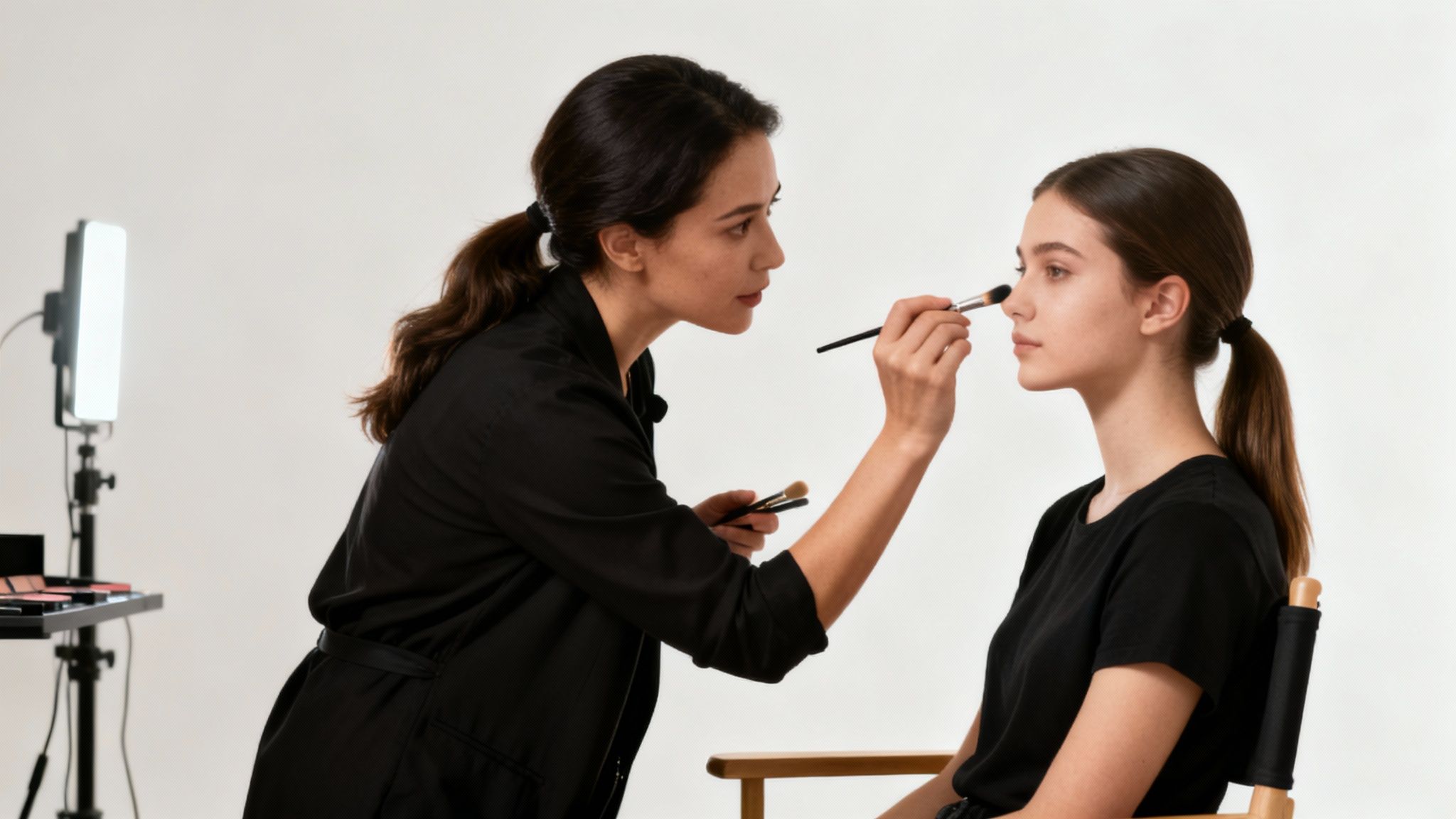 Wizażystka aplikująca podkład pędzlem na twarz modelki podczas kursu makijażu.