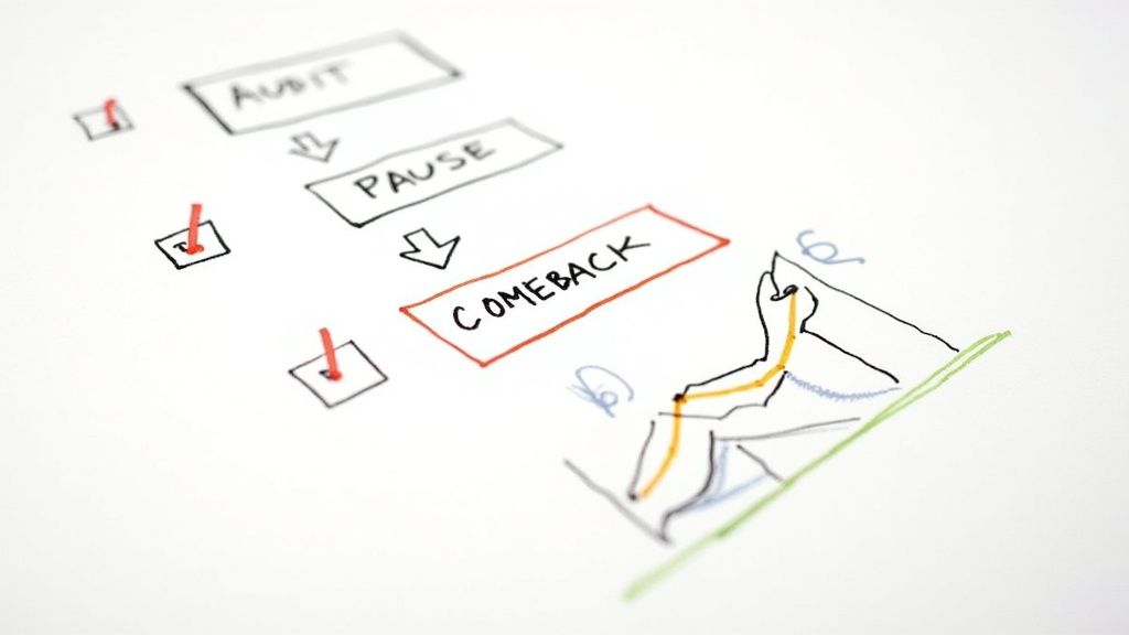 A hand-drawn flowchart illustrating a comeback plan with steps: Audit, Pause, Comeback, and progress.
