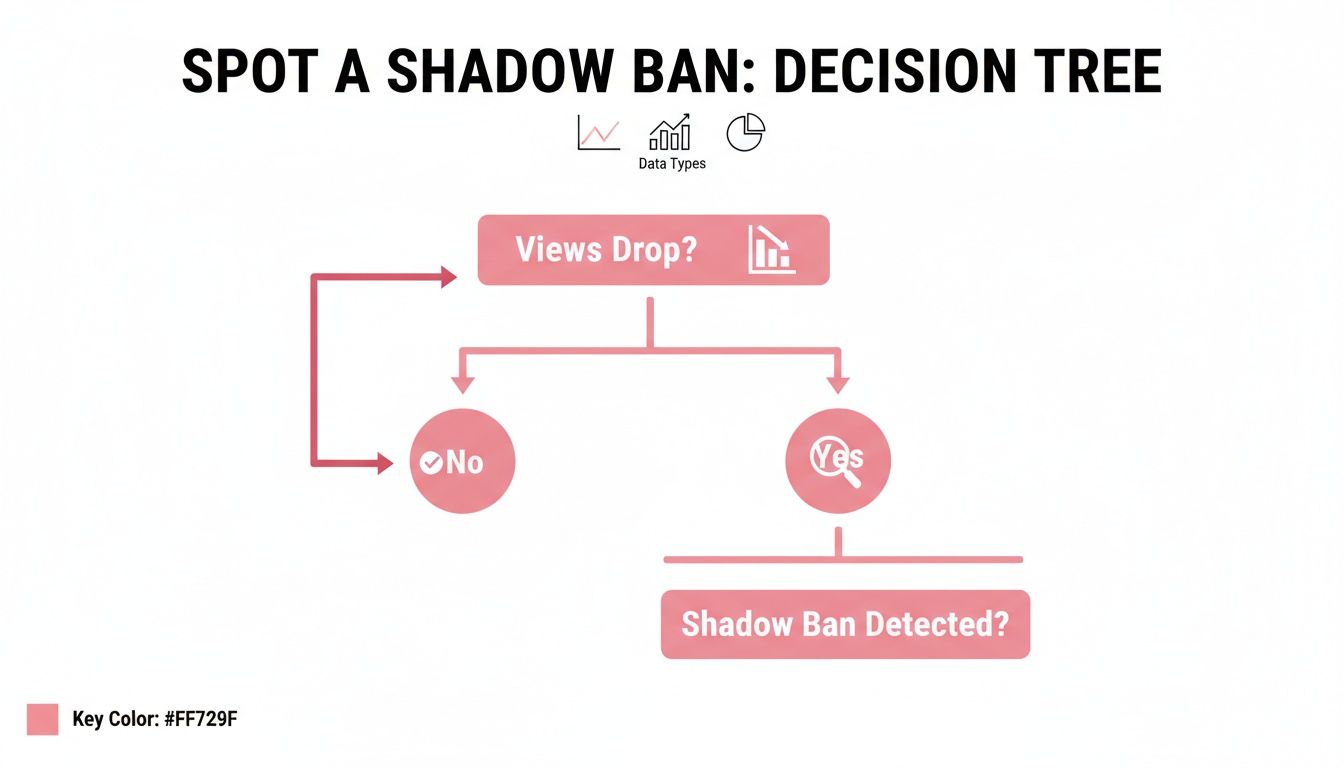 A decision tree flowchart explaining how to spot a shadow ban by checking if views drop.