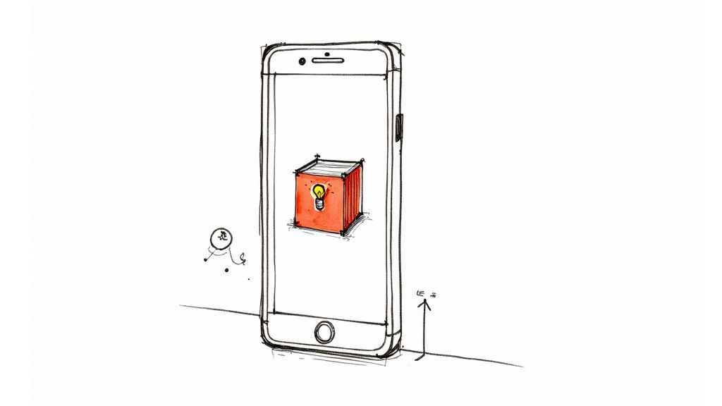 A person holding a smartphone displaying the TikTok app, surrounded by popular products like skincare and gadgets.