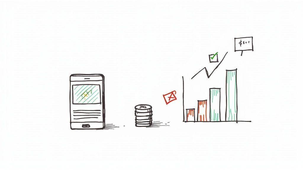 Doodle illustrating a smartphone, stack of coins, and an ascending bar chart representing financial growth.