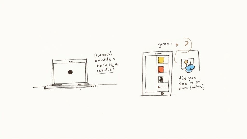Sketches of a laptop and a tablet with handwritten, partially illegible text and doodles.