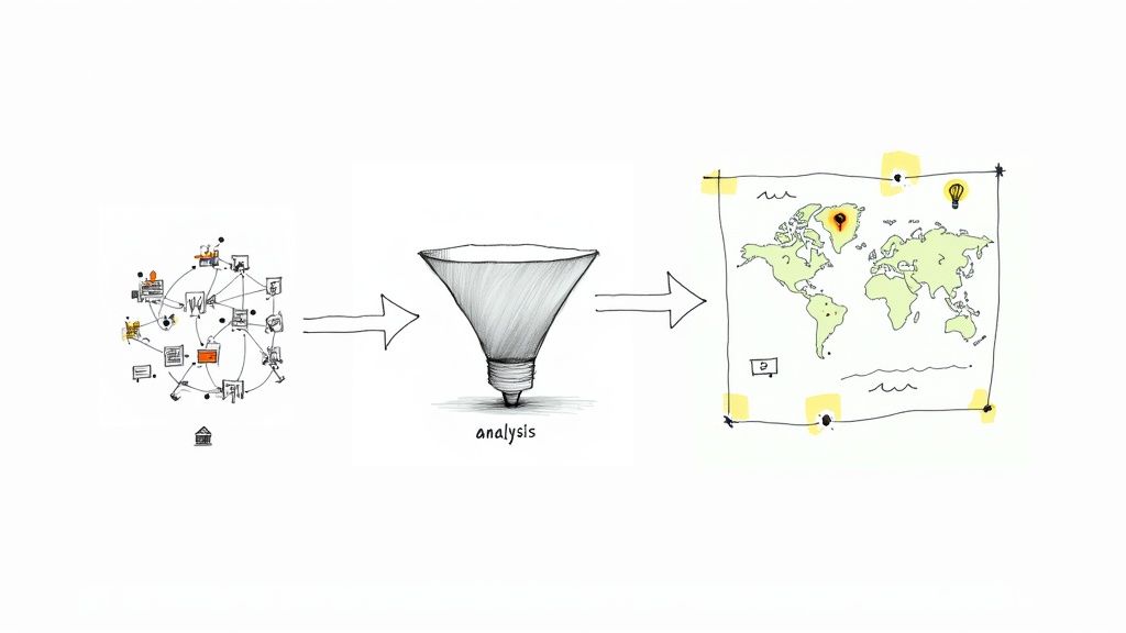 Data analysis funnel transforming scattered information into focused competitive intelligence insights on world map