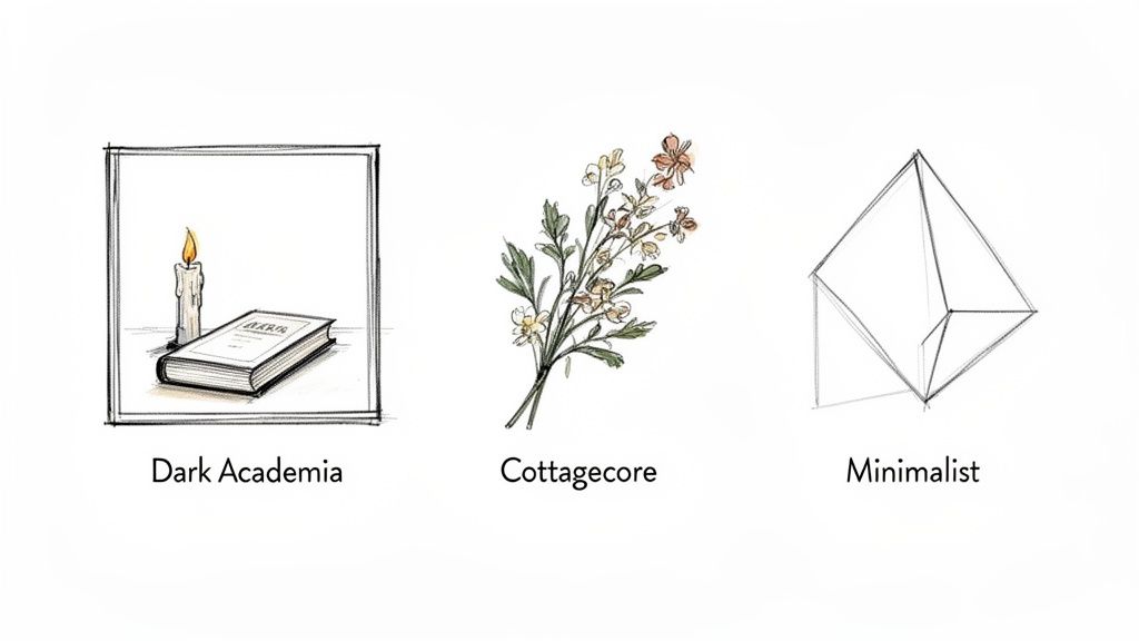 Illustrations showing three aesthetic styles: Dark Academia, Cottagecore, and Minimalist with descriptions.