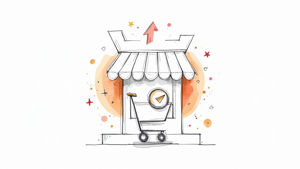 A hand holding a magnifying glass over various charts and graphs representing data analysis.
