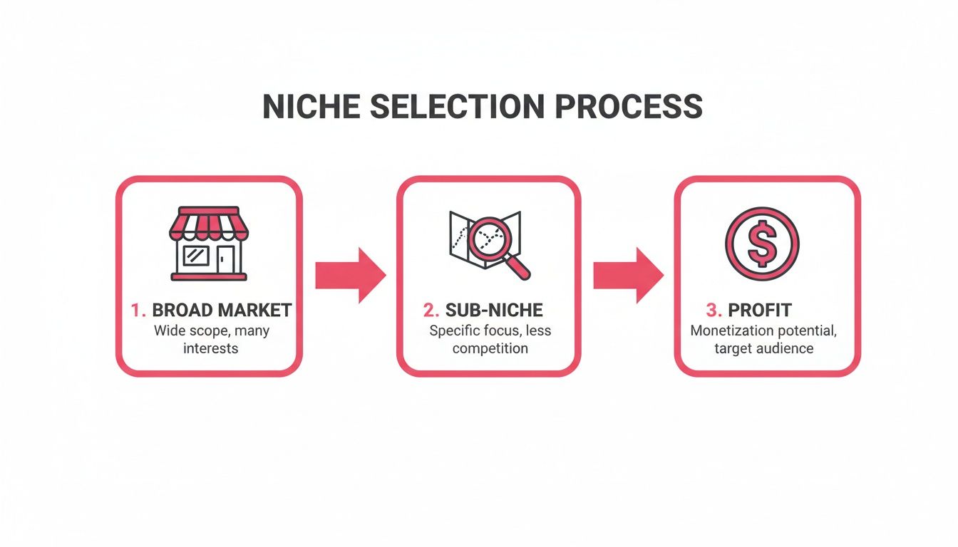 Diagram showing the niche selection process with steps: broad market, sub-niche, and profit.