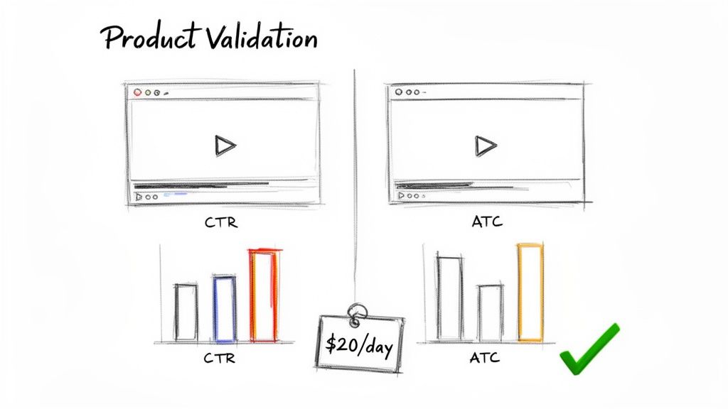 Hand-drawn diagram showing product validation with CTR and ATC metrics, comparing video ads and bar charts, indicating success.