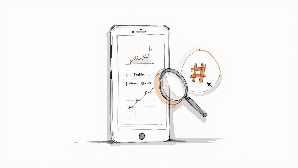 Sketch of a smartphone displaying TikTok analytics, a magnifying glass focuses on a hashtag symbol.