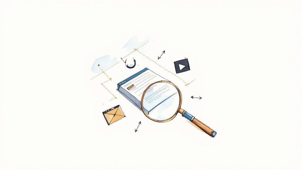 Magnifying glass examining documents with icons representing competitive marketing intelligence research and analysis