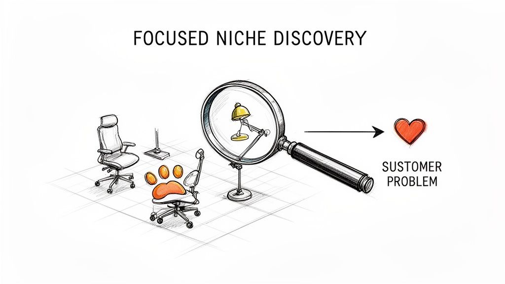 A diagram demonstrating focused niche discovery, highlighting a specific customer problem with a magnifying glass.