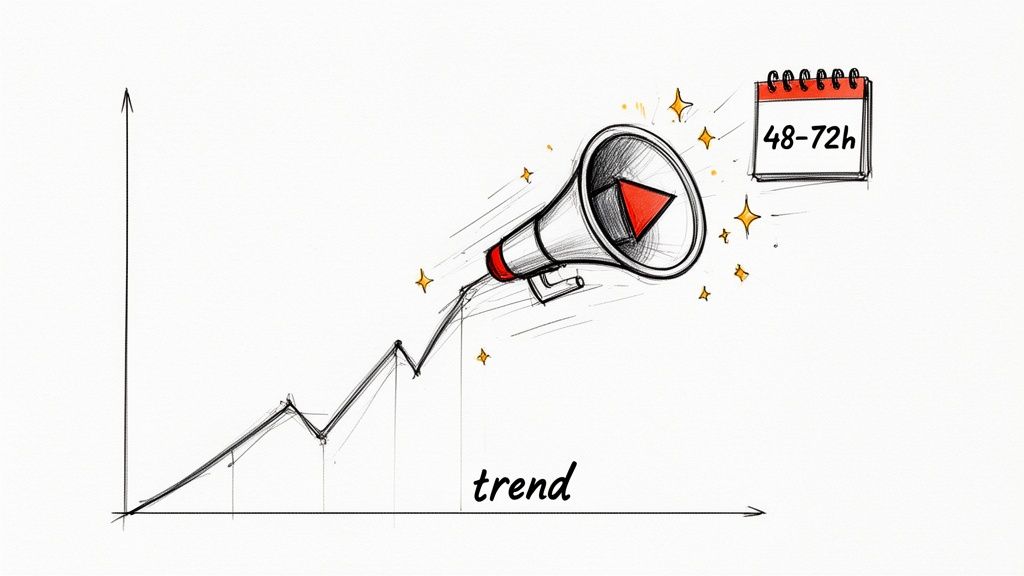 Hand-drawn graph depicting an upward trend, a megaphone with a play button, and a calendar indicating 48-72 hours.
