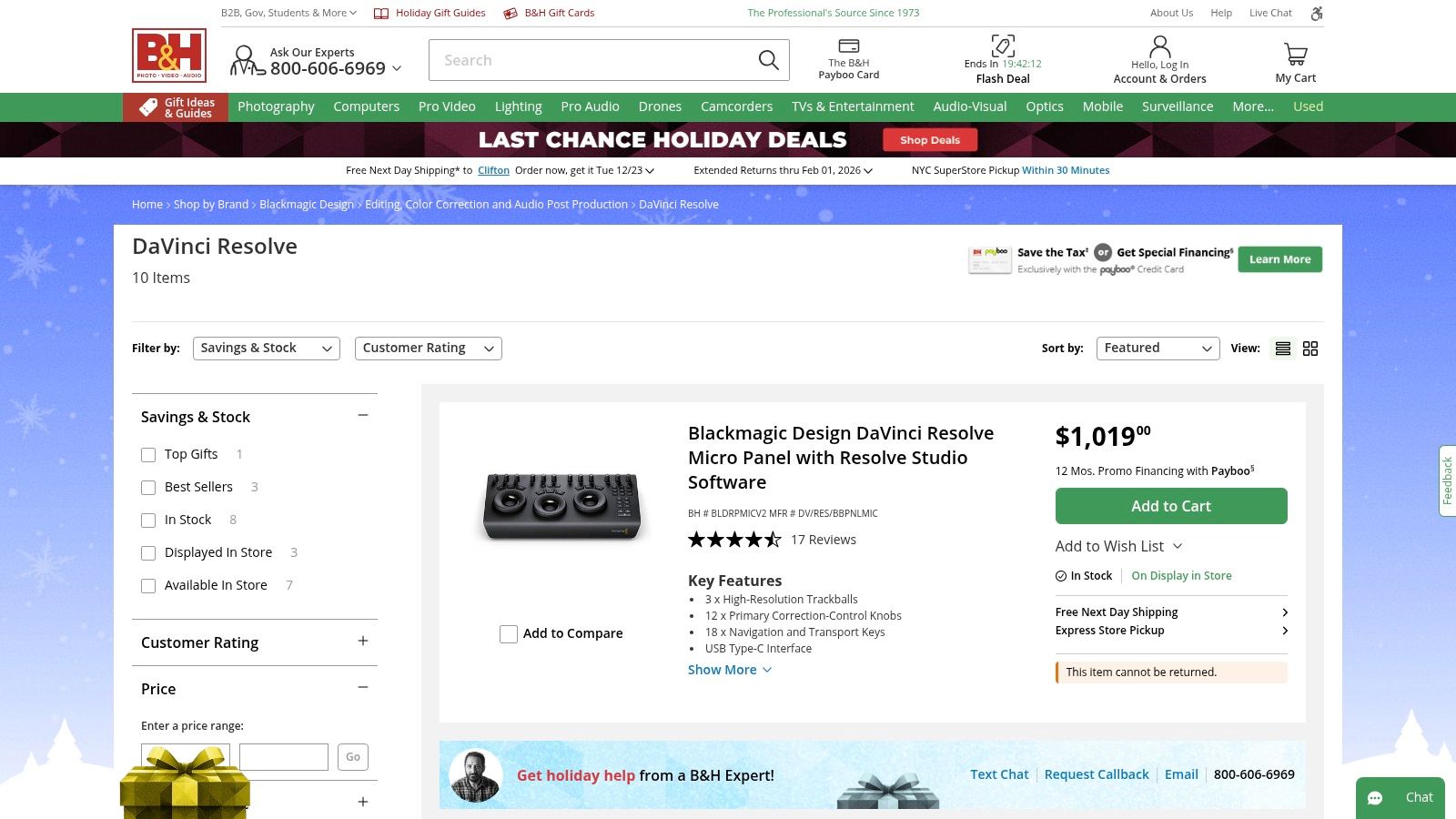 B&H Photo Video (Resolve reseller & pro hardware)