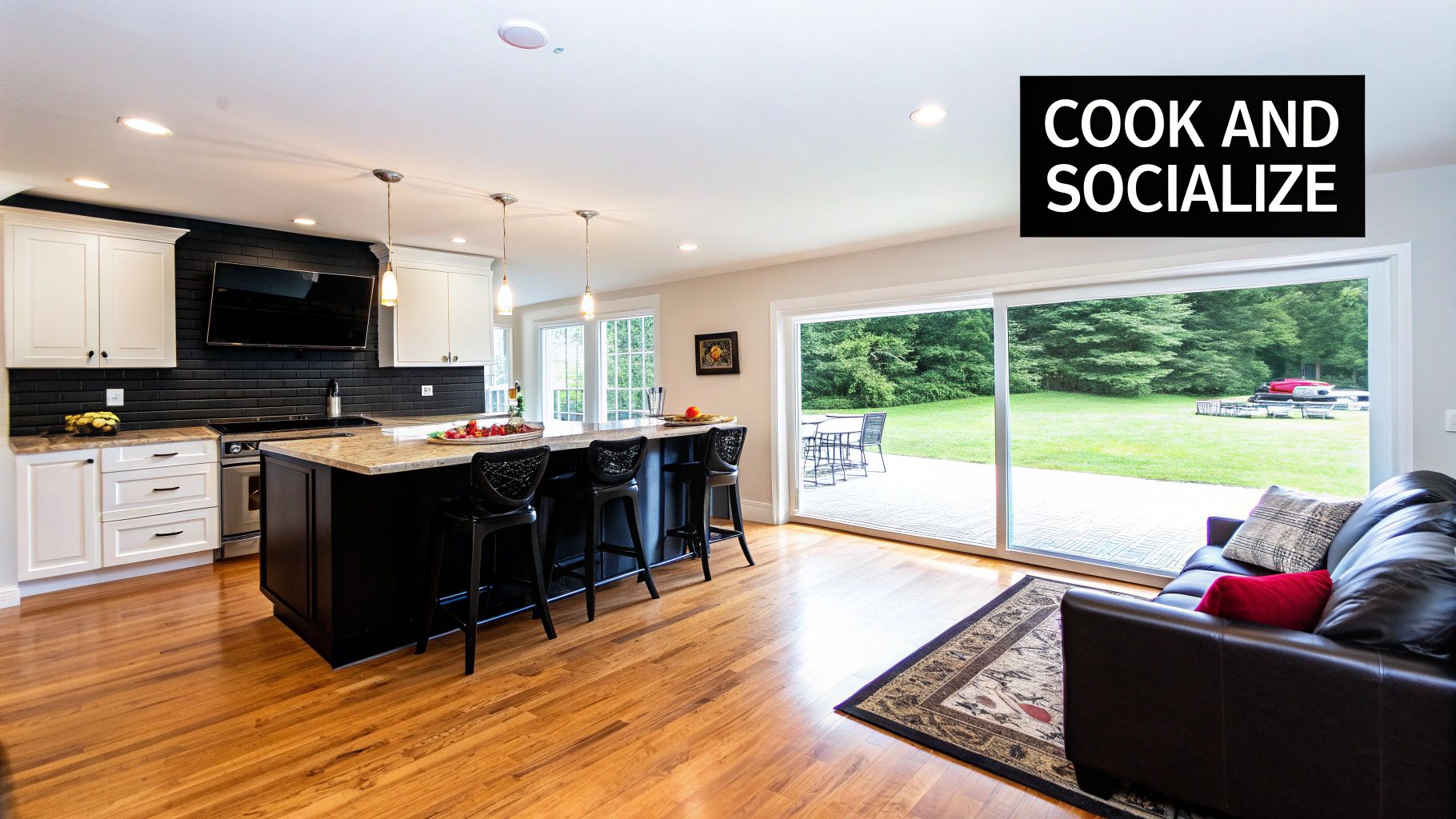 10 Luxury Open Floor Plan Design Ideas for Your Middle Tennessee Home Modern open-concept kitchen and living area with a dark island and a large sliding door to the backyard.