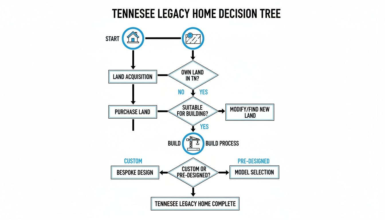 A flowchart detailing the steps for land acquisition and home building process in Tennessee.