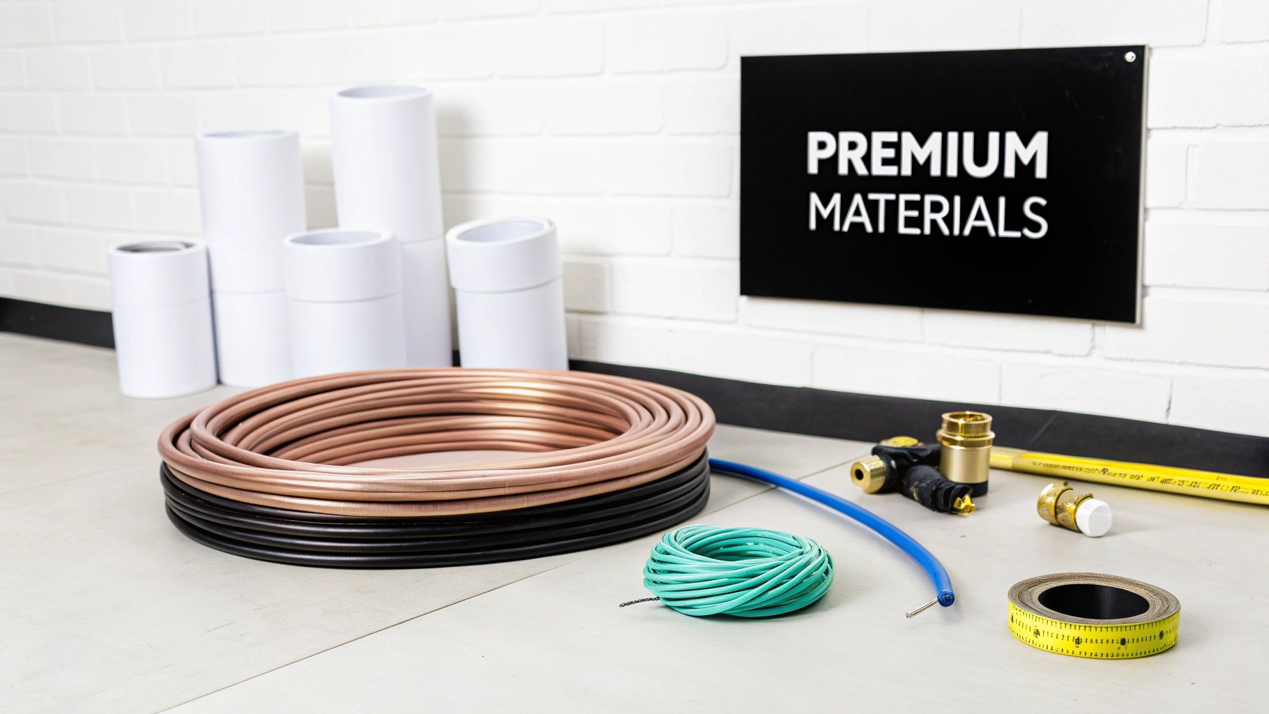 What Is Rough In Plumbing for Custom Homes Premium plumbing materials including copper pipes, PEX tubing, brass fittings, and measuring tape on white counter