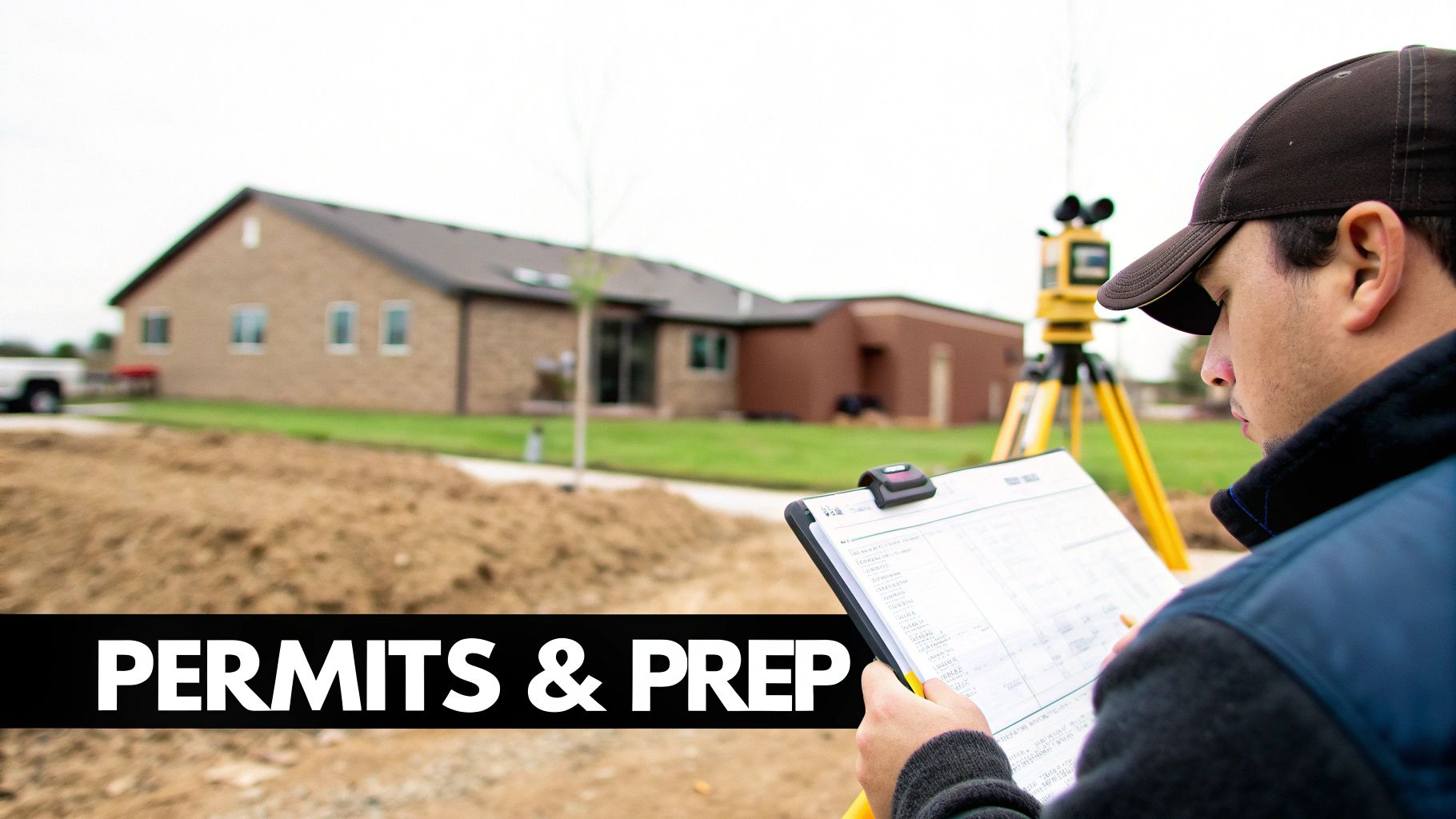 Permits and site plans on a table for a custom home build