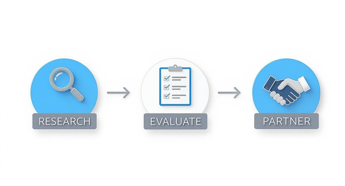 Process diagram illustrating steps: research (magnifying glass), evaluate (checklist), and partner (handshake).