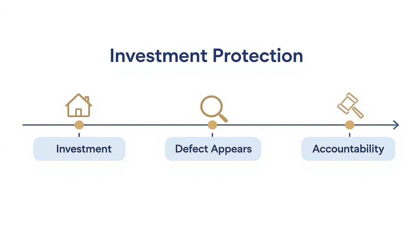 Infographic shows investment protection timeline: initial investment, defect discovery, and legal accountability.