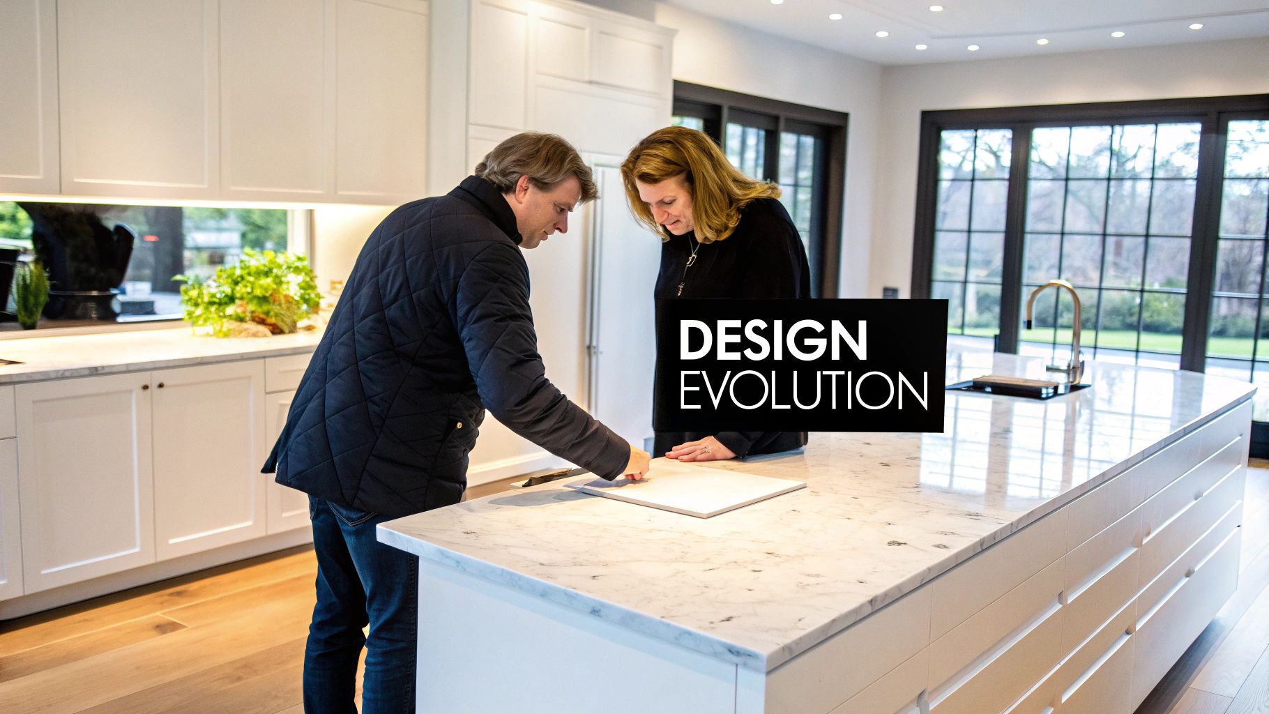 Interior designer and client reviewing kitchen countertop material samples during home renovation consultation