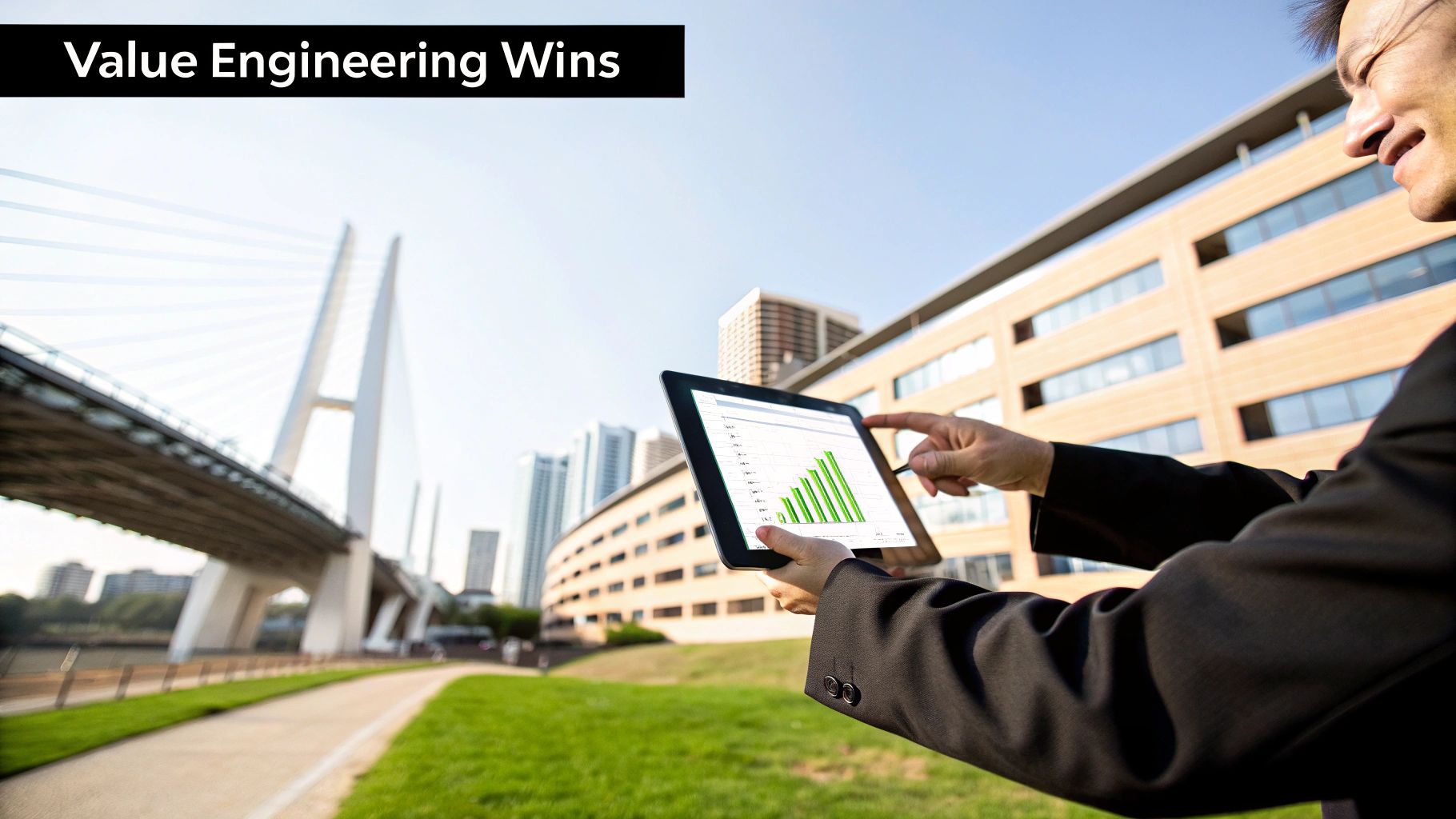 A modern bridge showcasing innovative materials, a result of value engineering in construction.