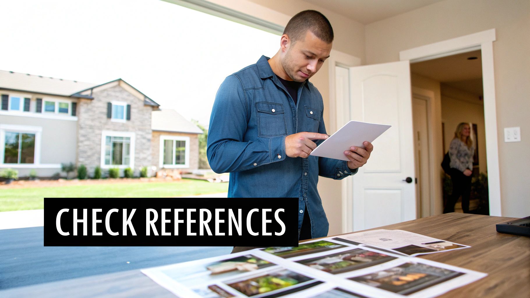 How to Choose a Contractor The Right Way A contractor reviewing project plans on a laptop with a client.
