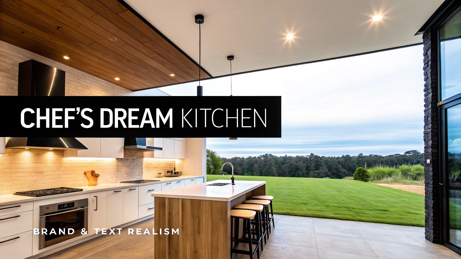 A modern luxury chef's kitchen with a wooden island, white cabinets, and large windows overlooking a green lawn.