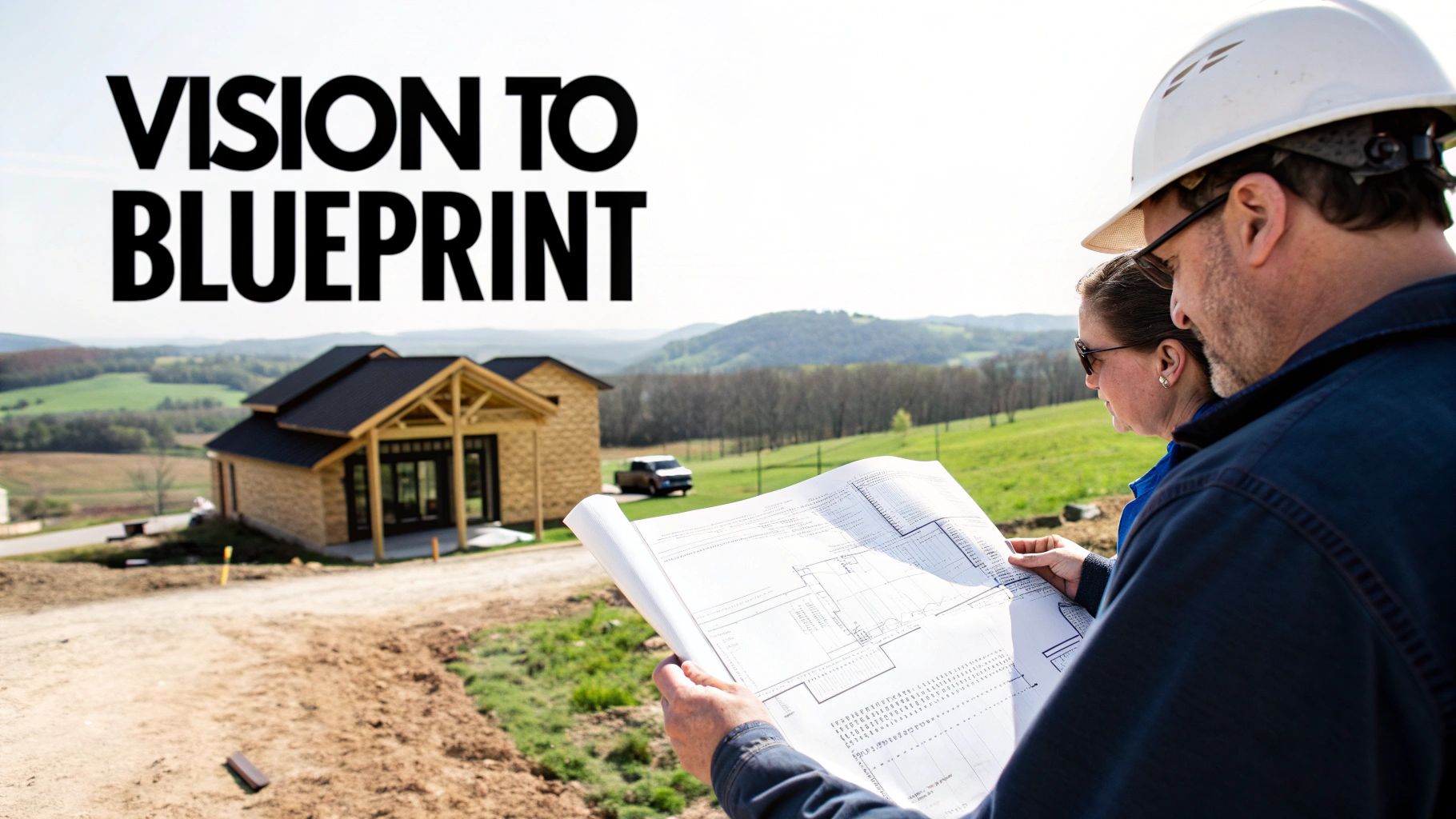 Two construction workers review blueprints at a custom home building site with a new house and rolling hills.