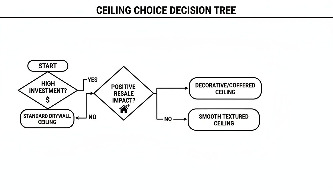Tray Ceiling vs. Coffered Ceiling: An Essential Design Choice for a Luxury Home A ceiling choice decision tree outlining options based on investment, resale impact, leading to drywall, decorative/coffered, or smooth textured ceilings.