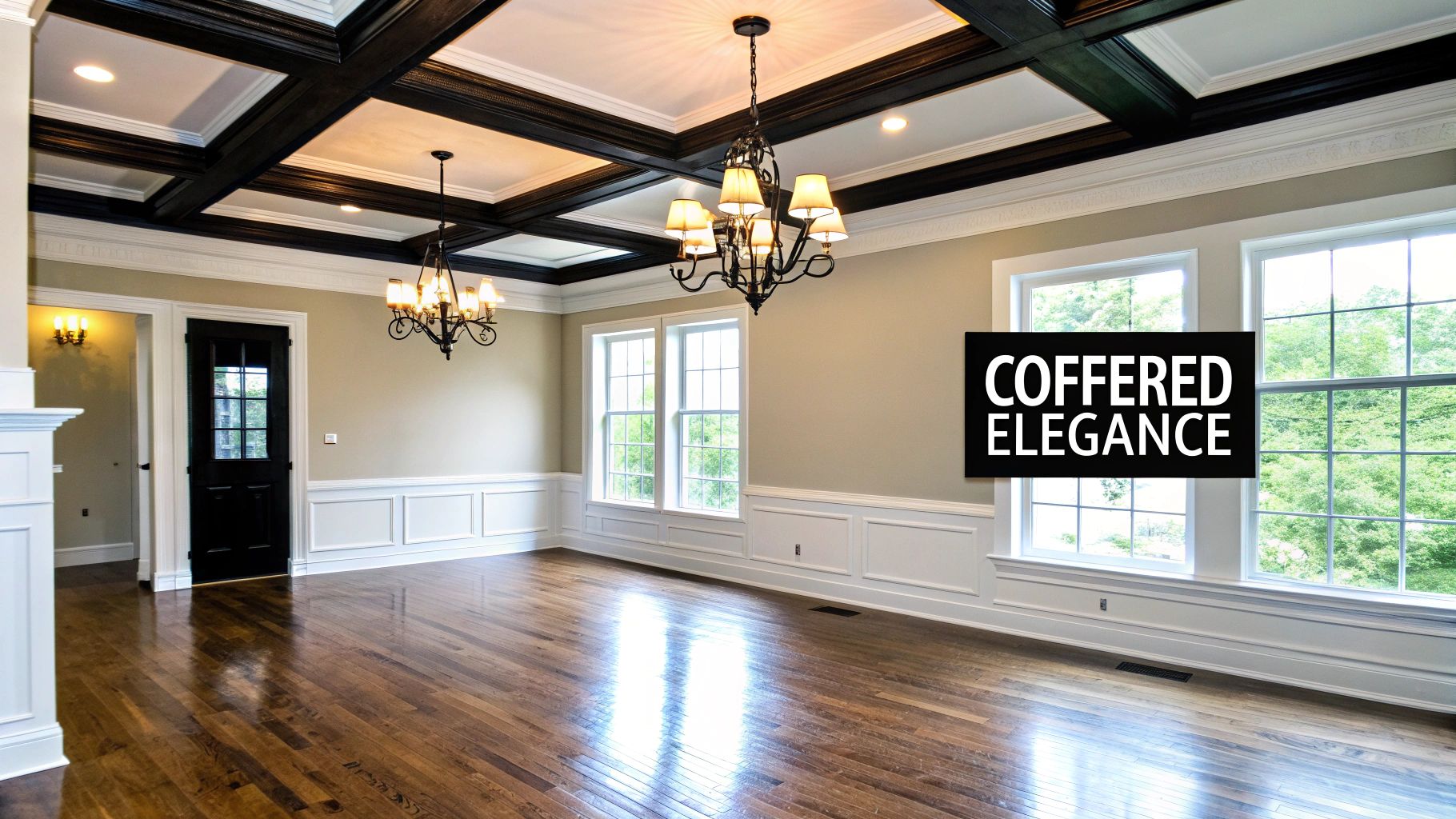 Tray Ceiling vs. Coffered Ceiling: An Essential Design Choice for a Luxury Home Empty elegant room with dark coffered ceiling, chandeliers, hardwood floor, and large windows.