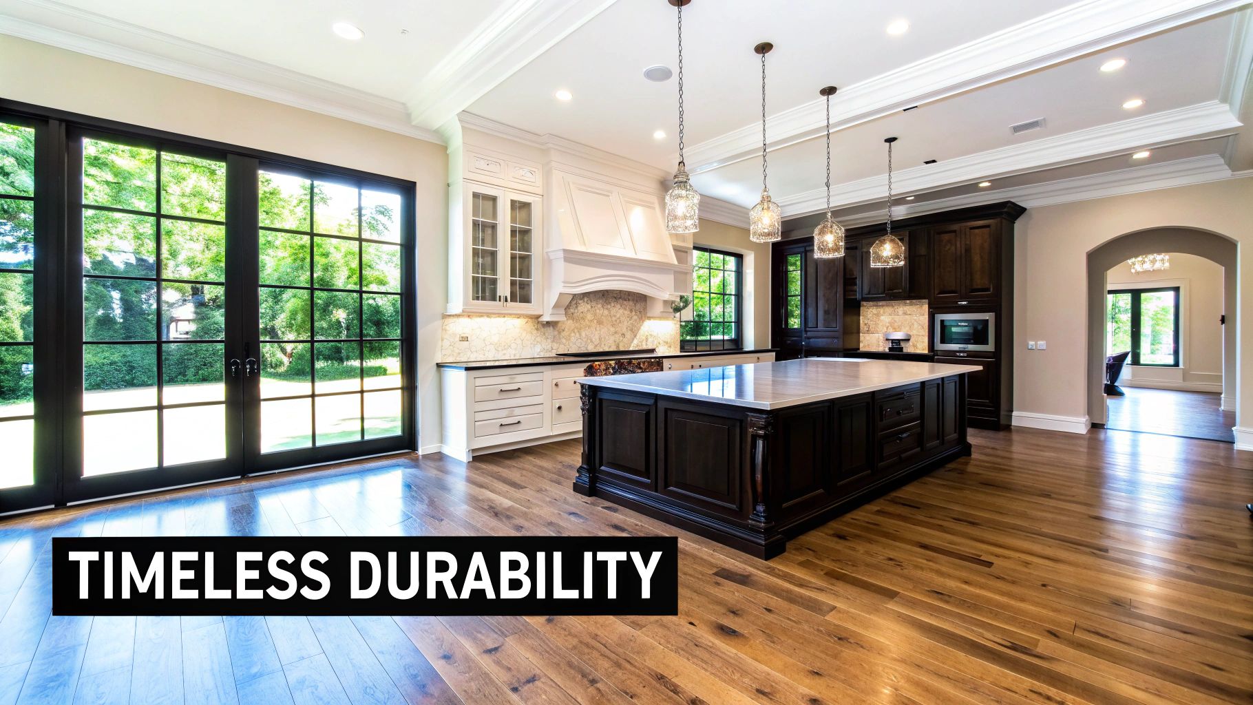 A luxurious kitchen featuring a dark wood island with light countertop, white cabinets, and large windows.
