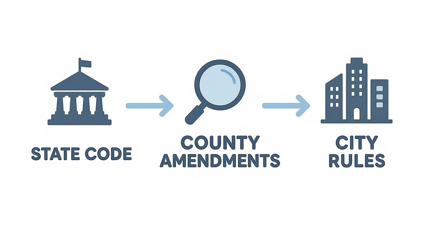 Flowchart illustrates the legal hierarchy from State Code through County Amendments to City Rules.
