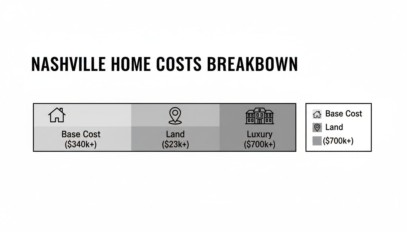 Nashville home costs breakdown showing Base Cost ($340k+), Land ($23k+), and Luxury ($700k+).