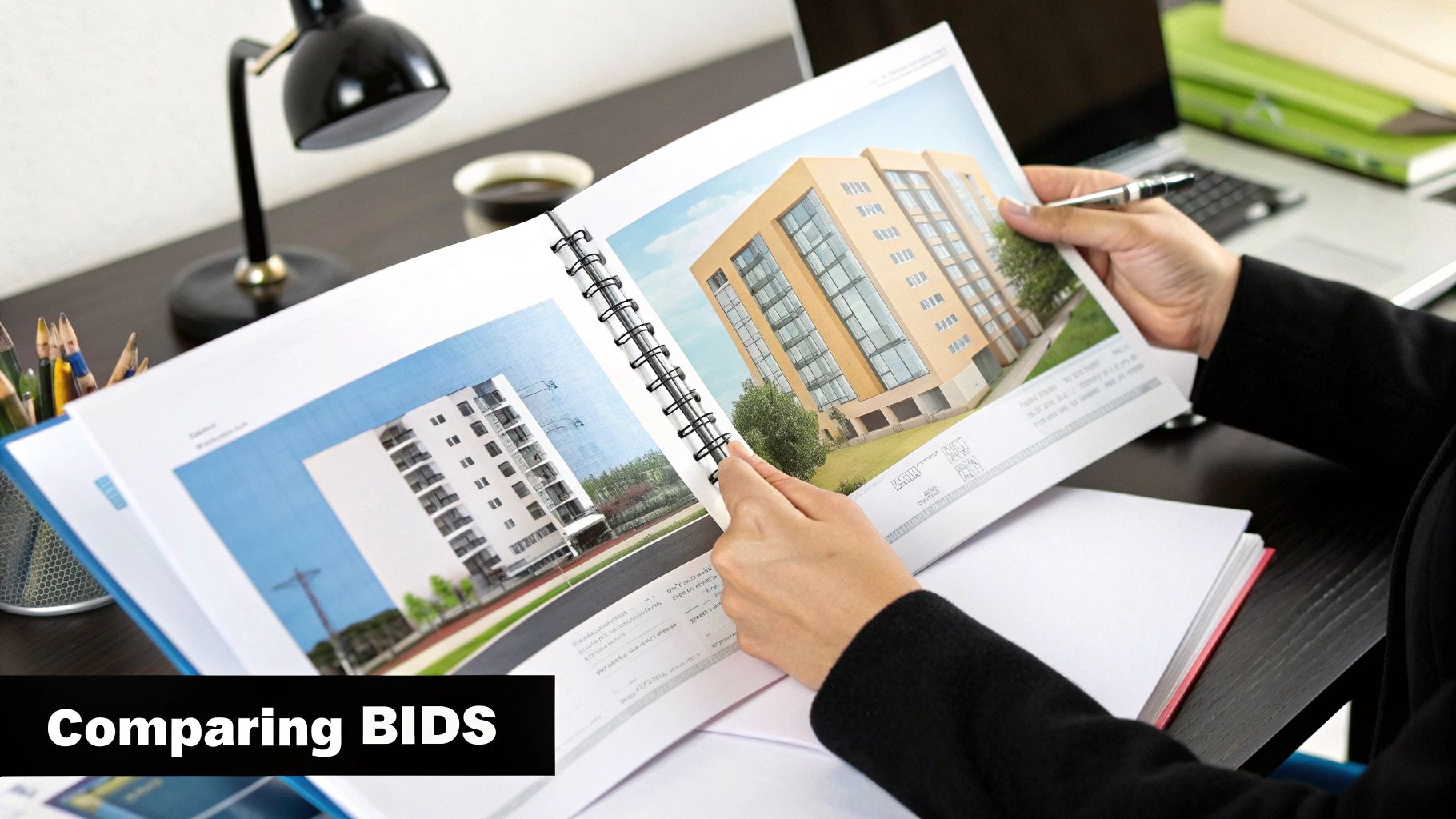 A close-up of a builder and a client reviewing a detailed construction bid document together.