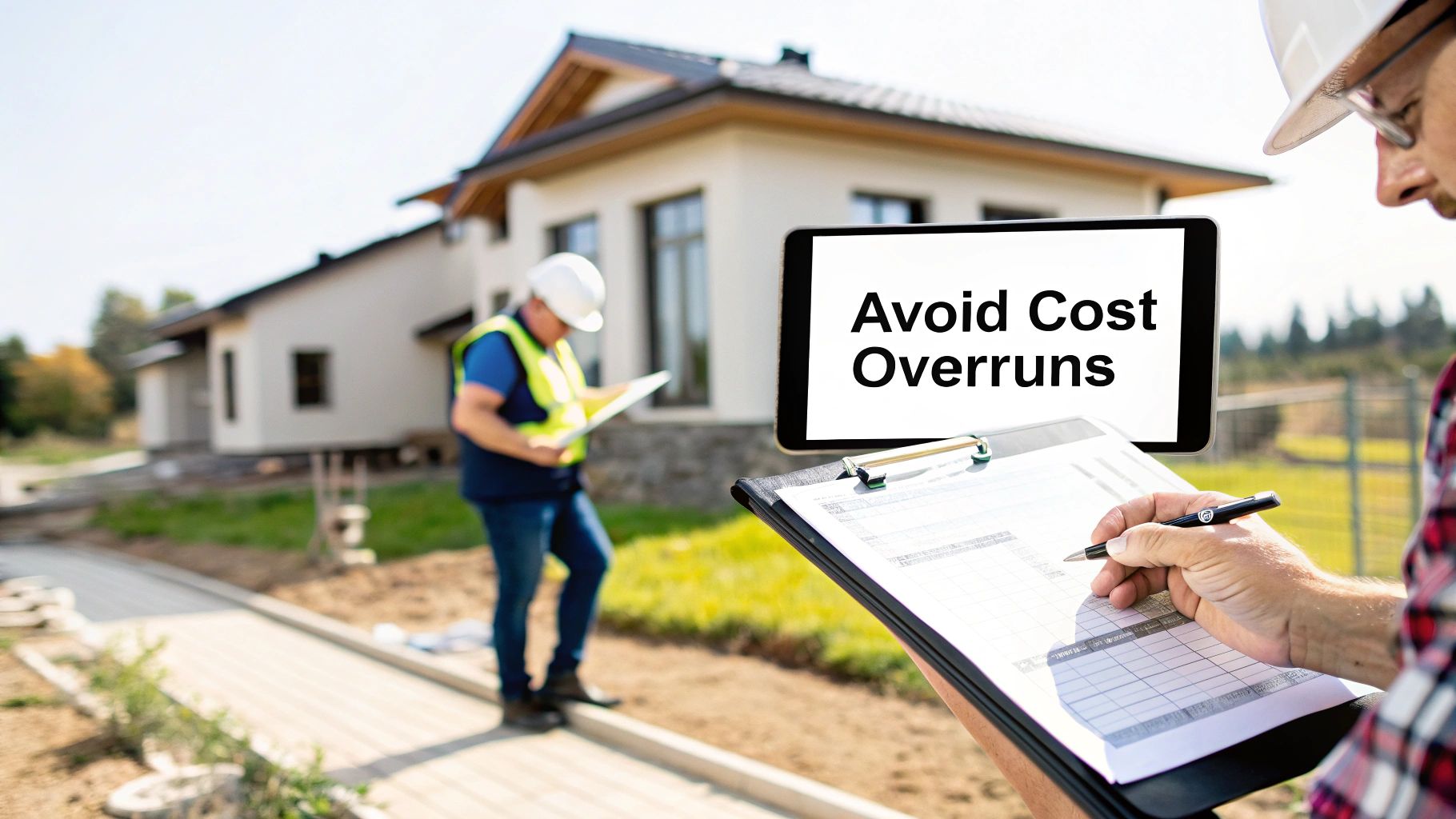 Construction workers reviewing plans and a tablet displaying 'Avoid Cost Overruns' at a building site.